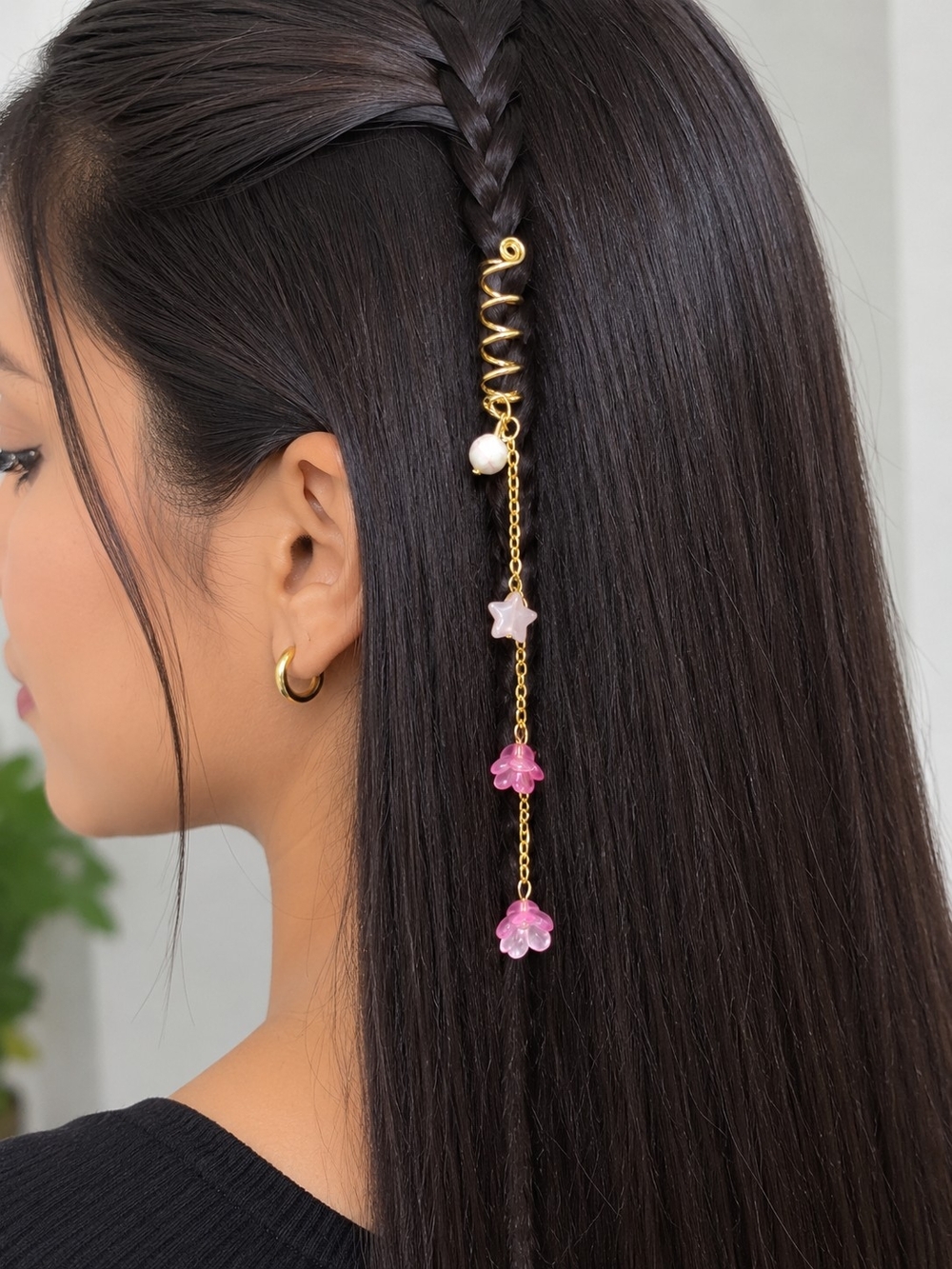 Gold Hair Twist with Pink Flower Charms